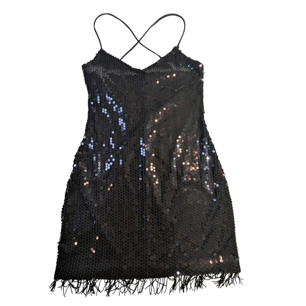 VTG GUESS Jeans Black Sequin Fringe Spaghetti Strap Mini Dress READ‎